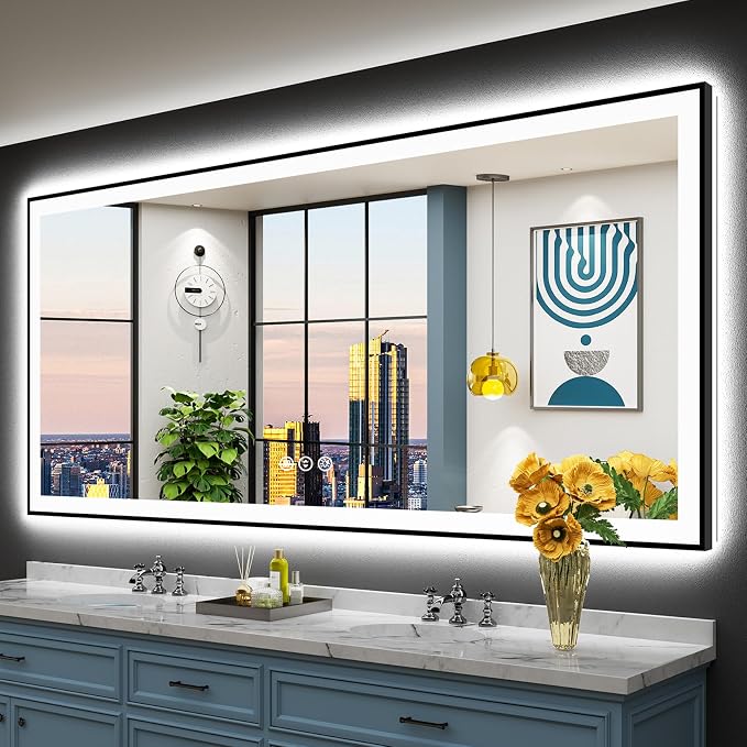 88x38 Black LED Bathroom Mirror, Backlit & Front Lit Lighted Mirror | Metal Framed Anti-Fog Vanity Mirror with Lights, 3 Color Dimmable, Memory, HD Tempered Glass, CRI95, UL Listed, Wall Mounted
