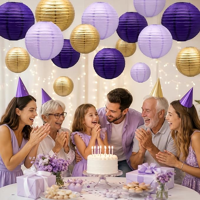 21-Pack Purple Gold Hanging Paper Lanterns Decorative | Round Lavender Lanterns Party Supplies for Graduation, Wedding, Bachelorette Event, Birthday & Baby Shower