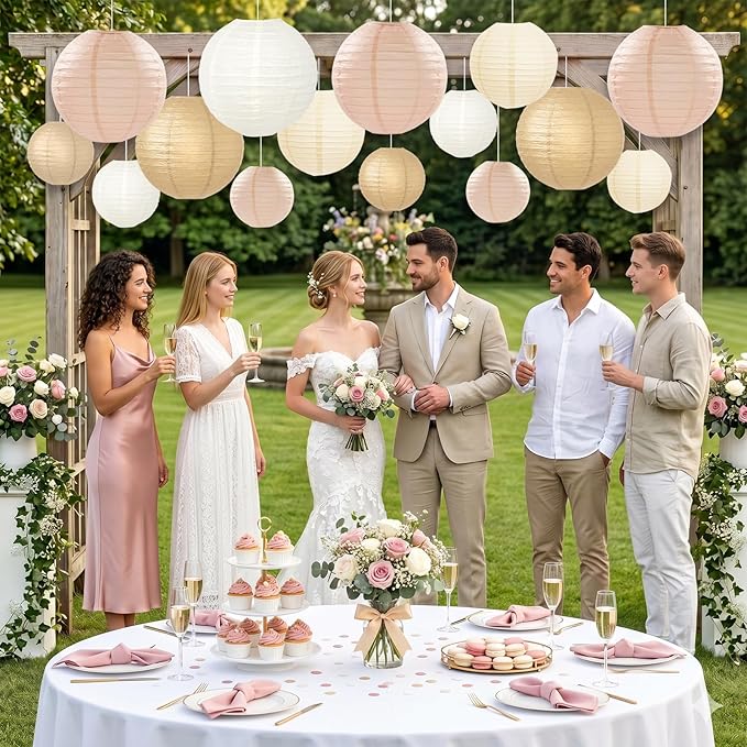 15 Pcs Boho Paper Lanterns - Champagne Gold Beige Peach 6 8 10 Inch Round Hanging Decorations for Birthday, Neutral Baby & Bridal Shower, Rustic Wedding, Fall Party