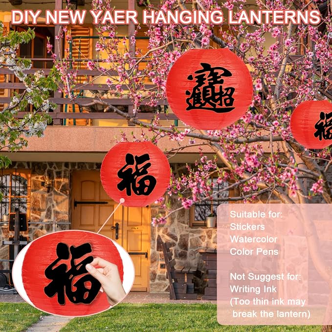 LIHAO 20 Pack Red Paper Lanterns, 4 Assorted Sizes Round Hanging Decor | Chinese New Year, Lunar New Year, Red Chinese Lantern, Wedding or Birthday Party, Metal Frames Included