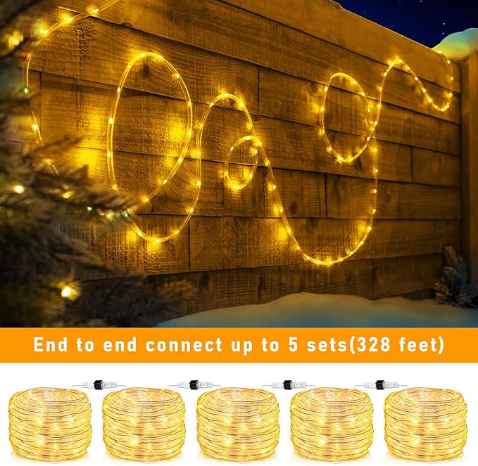 66FT 200 LED Rope Lights Outdoor Waterproof, Connectable Rope Lights for Outside with 8 Modes, Plug in Flexible Tube Lights for Indoor Bedroom Patio Pool Camping Party Decorations, Warm White