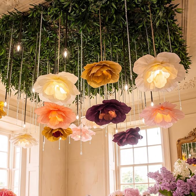 6 Pcs Large Fall Flower Paper Lanterns Decorations 15.7 Inch Boho Tissue Paper Flower with LED Light for Thanksgiving Fall Party Decoration Floral Pendant Lamps for Brithday Bridal Baby Shower