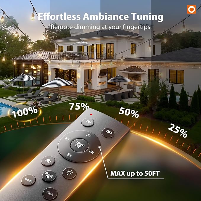 addlon 50FT Outdoor String Lights with Remote Dimmable Waterproof Patio | Warm White Edison Bulbs, Heavy Duty Shatterproof Hanging Strand for Outside Backyard Porch Garden Bistro Pergola Party