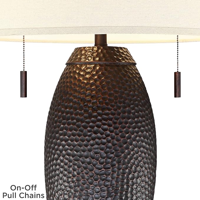 Noah 31" Large Table Lamp Dimmer Bronze with USB Charging Port | Hammered Brown Industrial Farmhouse Vintage Rustic Living Room Bedroom House Bedside Nightstand Home Oatmeal Drum