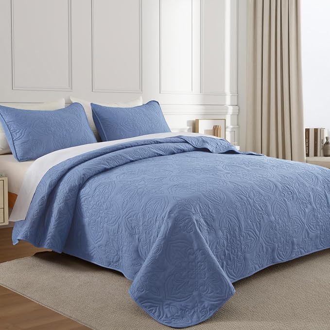 Whale Flotilla Queen Quilt Bedding Set Vintage Damask Reversible Bedspread | Suitable for Bed, 3 Pieces Bluish Grey Lightweight Breathable Quilts Queen Size, Ultrasonic Coverlet with 2 Pillow Shams