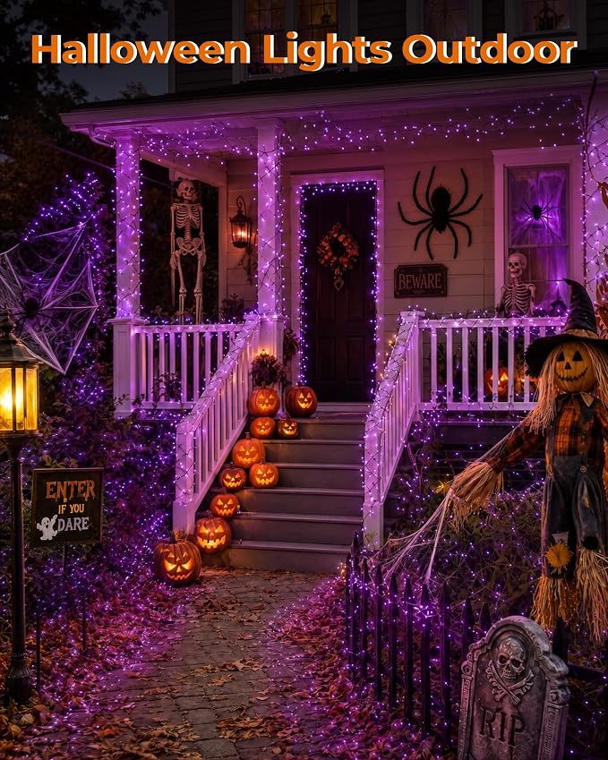 Halloween Fairy Lights Plug in, String Lights for Halloween Decorations | 10FT 200LEDs, 1 Pack with Remote, Orange&Purple, Waterproof Firecracker Lights for Window Bar Haunted Theme Halloween Decor