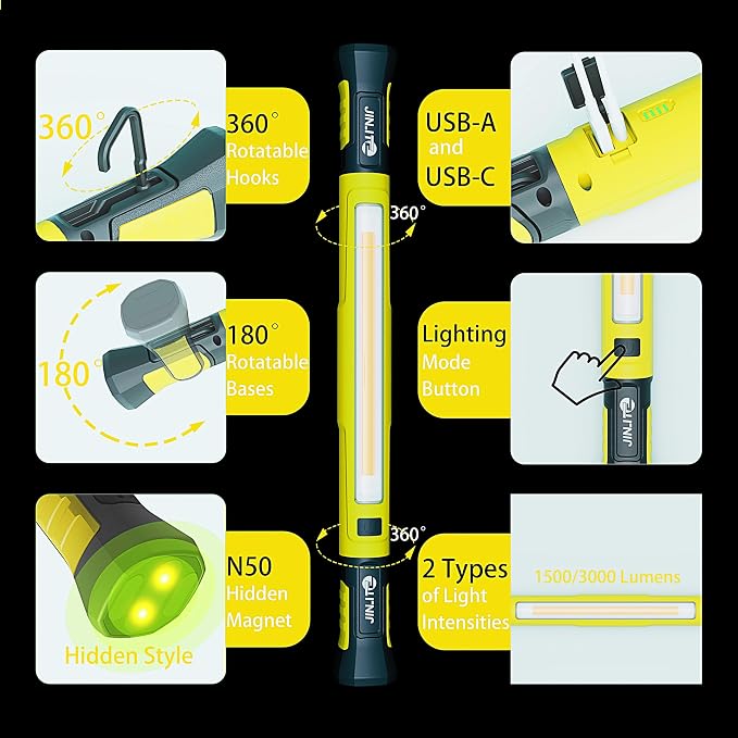 Magnetic Work Light - 3000LM Rechargeable LED Work Light Bar, 5200mAh Under Hood Mechanic Light for Garage, Workshop, Vehicle Inspection (1 Pack, Yellow)