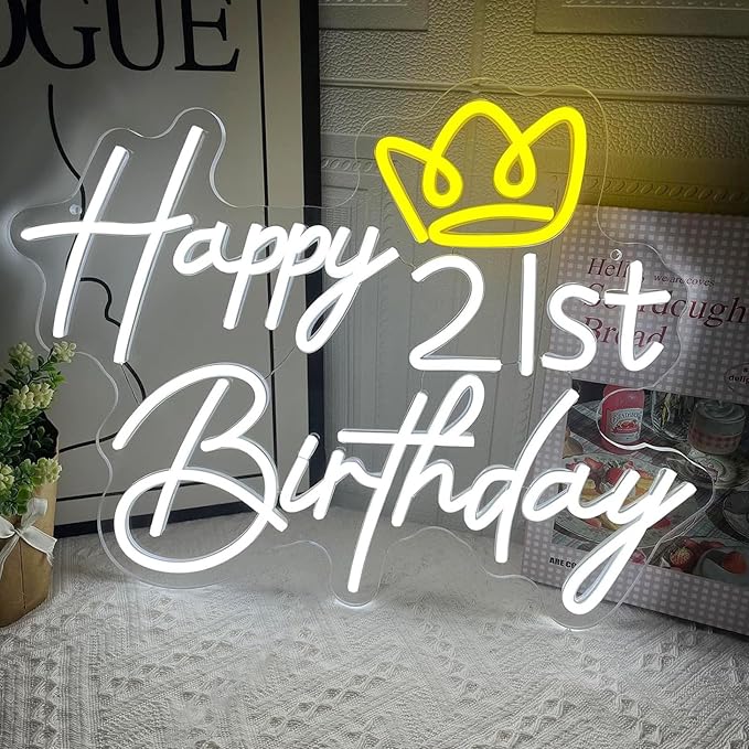 21st Happy Birthday Neon Sign, 16.9 x 13 Inch Birthday Neon LED Signs, Dimmable Neon Happy Birthday Light for Wall Decor, Birthday Light Up Sign Party Decoration for Home Club Bar Pub Anniversary