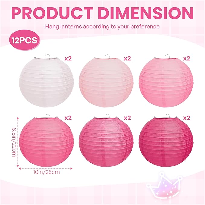 12 Pcs Pink Paper Lanterns 10" Hanging Valentines Paper Lanterns Pink Party Decorations for Valentine's Day Party Decorations Wedding Birthday Engagement Bridal Showers Galentines Day Decor