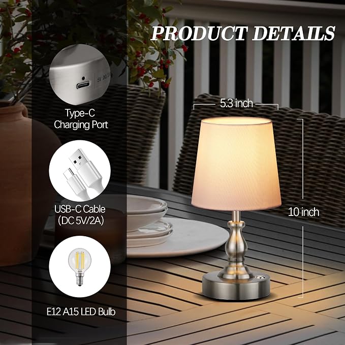 Mini Cordless LED Table Lamp, 5200mAh Rechargeable Battery Operated Lamp, 3-Level Brightness, Touch Dimmable Desk Lamp, Bedside Night Light for Patio Camping Restaurant Home, Brushed Nickel