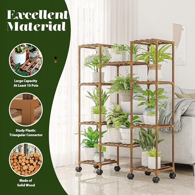 GENTINGBRO Plant Stand with Wheels Outdoor Indoor Hanging Plant Shelf for Multiple Plants Tall Large Holder for Living Room Patio Balcony Garden Corner Mobile