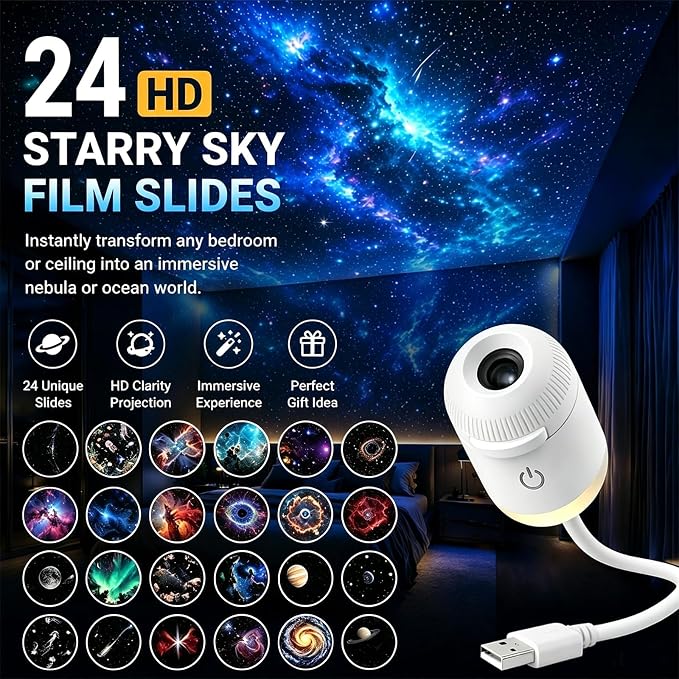 USB Star Projector Night Light, Romantic Galaxy Lamp for Car Bedroom Party, 24 Films Included