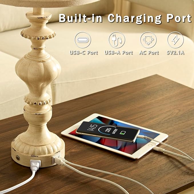 SAIWEYA 27.5" Farmhouse Table Lamps Set of 2, 3 Way Dimmable Touch Lamps | Touch Control, Dimmable, USB C+A Ports & AC Outlet, Bulbs Included, Bedside Nightstand Lamp for Living Room, Bedroom