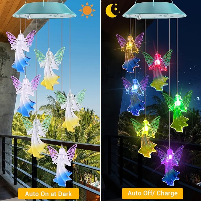 Toodour Solar Wind Chimes, Color Changing Angel Wind Chimes | LED Decorative Mobile, Gifts for Mom Grandma, Waterproof Outdoor Decorative Lights for Garden Patio Yard Window Outdoor Decor