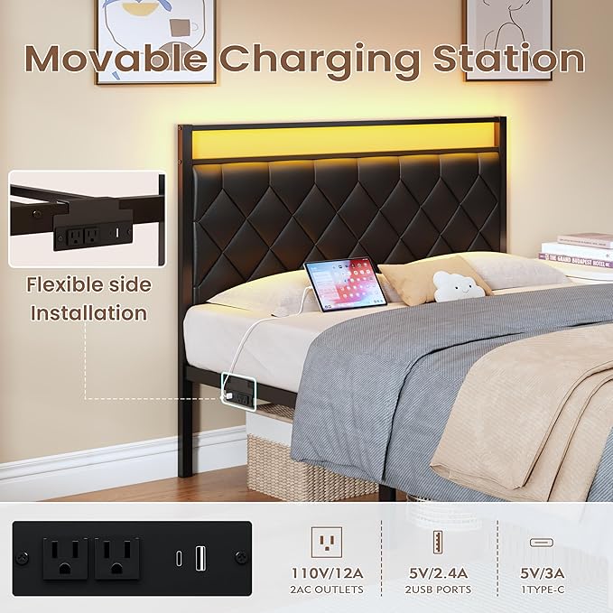 Queen Bed Frame with Headboard PU Leather Upholstered Bed Frame Platform with Charging Station, LED Light, Easy Assembly, Noise Free, No Box Spring Needed, Black