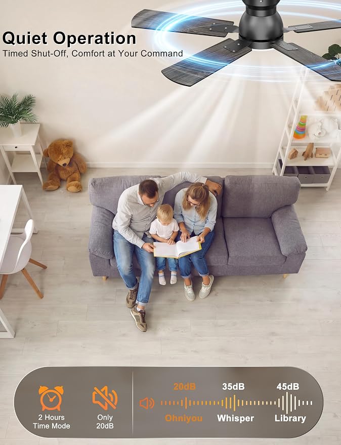 Ohniyou 42'' Low Profile Ceiling Fan with Lights, Remote/APP Control, Black | Flush Mount, Dimmable 3CCT LED, Quiet DC Motor; Memory Function, 4775 CFM, Small Ceiling Fan for Indoor Bedroom Kitchen