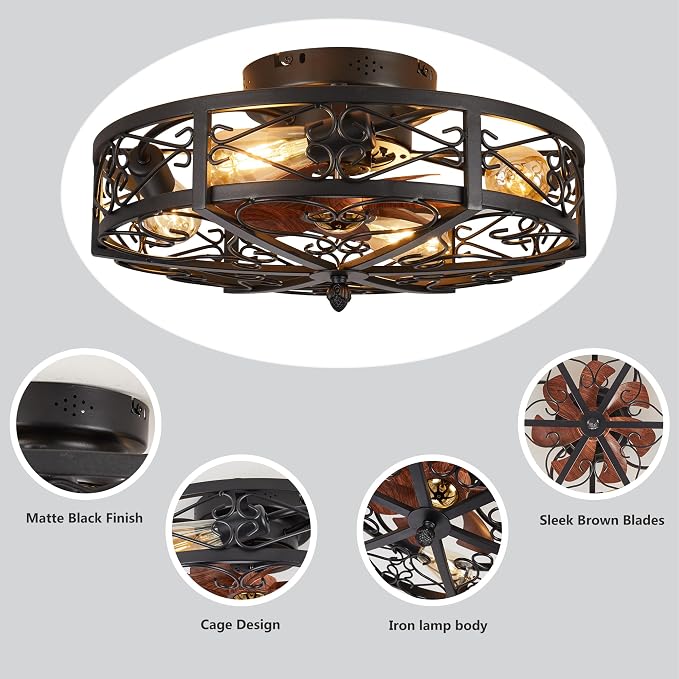Rustic Black Caged Flush Mount Ceiling Fans with Lights and Remote Vintage Low Profile Bladeless Ceiling Fan, Reversible Motor, E26 Bulbs, 6 Speeds,for Farmhouse, Living Room, and Bedroom