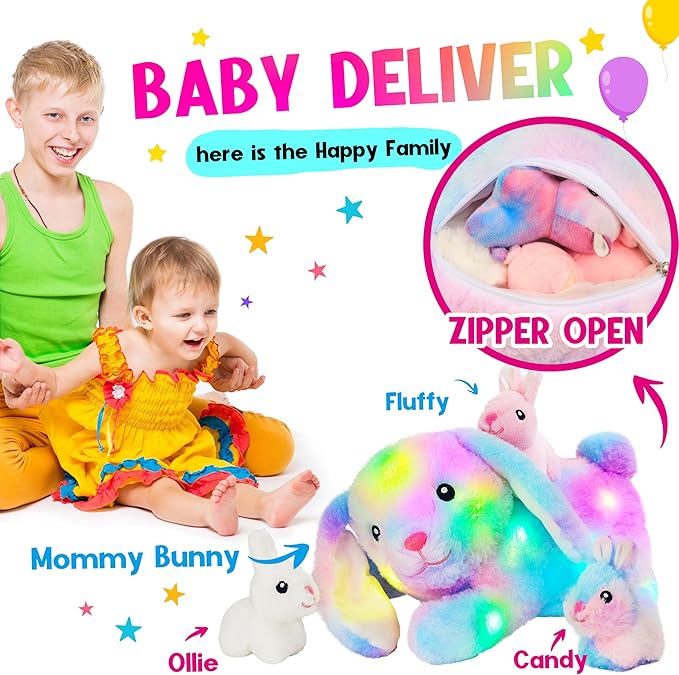 Hopearl LED Stuffed Rabbit Lighting Up Bunny Plush Toy Playset Mommy with 3 Babies in her Tummy Lullaby Animated Soothe for Mom Kids Toddler Girls, Rainbow, 12''