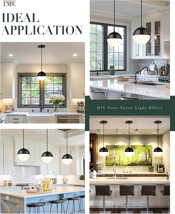 6-inch Mid Century Pendant Light, Matte Black Pendant Light Fixtures with White Globe Glass, Adjustable Hanging Ceiling Light Fixtures for Dining Room Living Room Bedroom, LMS-186BKS