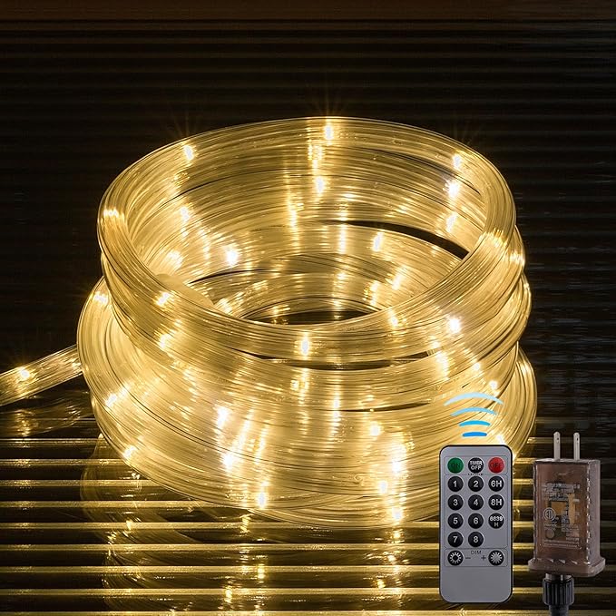 Ripple Tube LED Rope Lights with Remote Control - 8 Modes, 360° Glow,Waterproof for Outdoor/Indoor,Garden,Wedding,Pool,Patio,Christmas Decor (Warm White, 33ft)