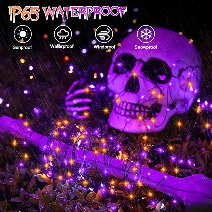 4 Pack Halloween Timer Fairy Lights Battery Operated Twinkle Lights | 16.4Ft 50 LED Purple Orange Fairy Lights Outdoor with Timer 5 Modes,Black Wire