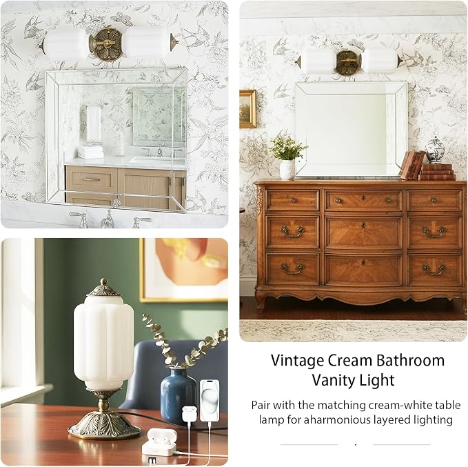 Milk Glass Bathroom Vanity Light - 2-Light Wall Sconce with Brass Finish Base & Green Glass Shade - Wall Sconce Lighting for Mirror, Kitchen, Living Room (White Glass with Gold Metal Accents)