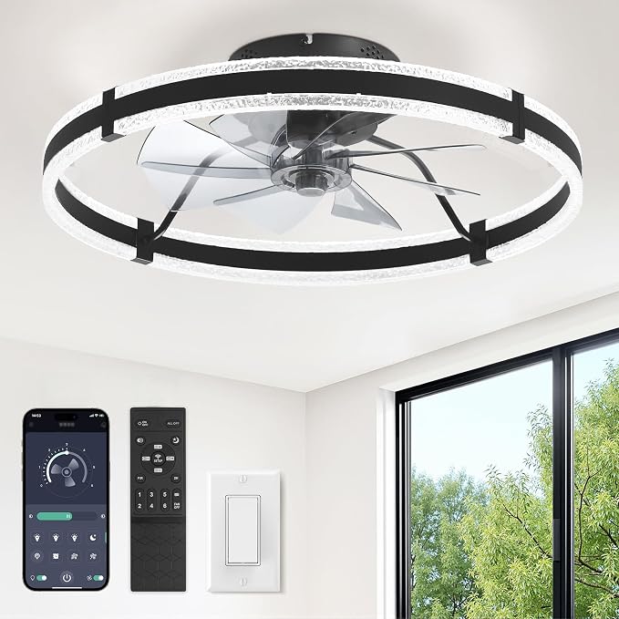 LEDIARY 24'' Modern Low Profile Ceiling Fans with Lights and Remote, Black | 3000-6000K Dimmable LED, 6 Wind Speeds, Quiet Reversible DC Motor, Small Flush Mount Fandelier for Bedroom, Living Room
