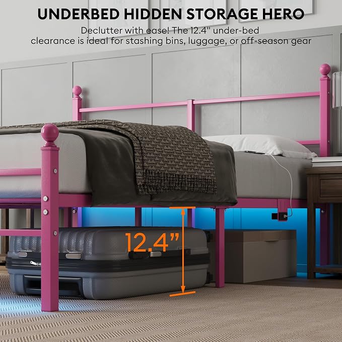 Full Size Bed Frame with Headboard - Metal Platform Bed with LED Lights, Charging Station, Under Bed Storage and Heavy Duty Steel Slats Support - No Box Spring Needed, Easy Assembly, Pink