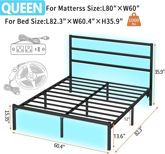 CLIBFENG Queen Bed Frame with Headboard,Heavy Duty Steel Slats Support-LED Bed Frame with USB Charging Station,Mattress Foundation-Under Bed Storage,No Box Spring Needed,Noise Free，Black