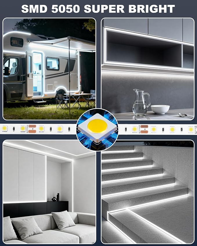 IP65 40FT RV Awning LED Light Strip 12V for Exterior RV Capony Camper | Camper Lights for Motorhome Travel Trailer Concession Stands Food Trucks, Waterproof RV Exterior Underglow, Daylight White