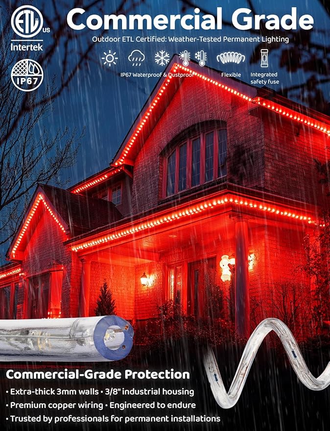 WYZworks 576LEDs, 50ft LED Outside Rope Lights, Waterproof Permanent Outdoor ETL Certified Connectable Clear Tube, Christmas Palm Tree Holiday Decorative Landscape Patio Accent Lighting - Red