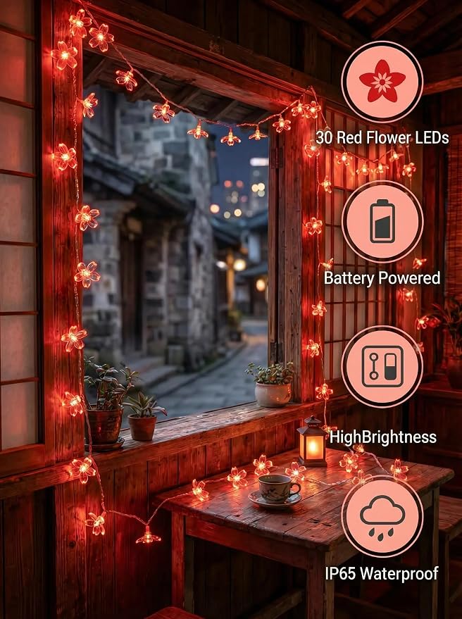 Flower Battery Operated Indoor String Lights 30L Cherry Blossom Fairy Light | Waterproof Outdoor Garden Party Camping Birthday Wedding Room Red