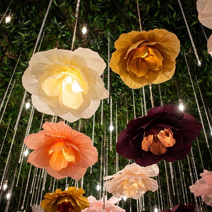 6 Pcs Large Fall Flower Paper Lanterns Decorations 15.7 Inch Boho Tissue Paper Flower with LED Light for Thanksgiving Fall Party Decoration Floral Pendant Lamps for Brithday Bridal Baby Shower