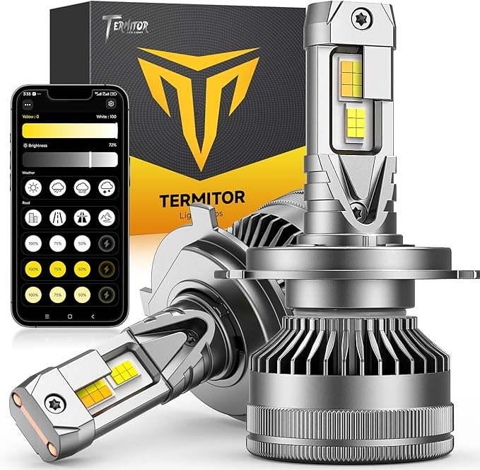 Smart H4 Light Bulb, 0-75000LM 1500% Super Brighter, App-Controlled Dimming & Color Temperature, 3000K Yellow to 6500K Cool White for Bluetooth 9003/HB2 Fog Light, Plug and Play, Pack of 2