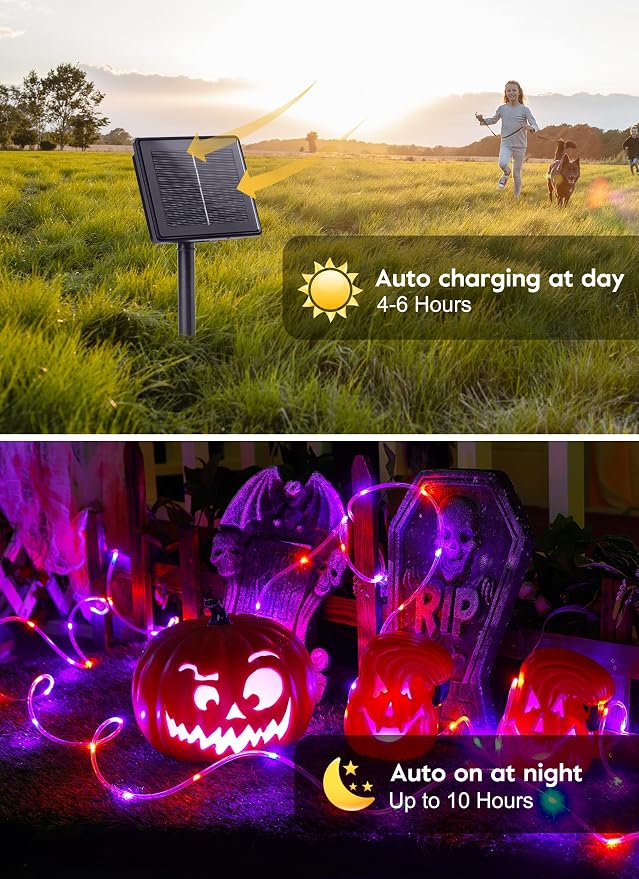Brightown Solar Halloween Lights Outdoor, 39FT 100 LED, Orange & Purple | IP65 Solar Fairy Lights with 8 Lighting Modes, Halloween Decoration Outdoor for Party Garden Yard Holiday Tree Decoration