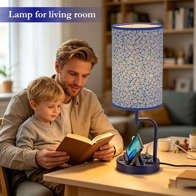 Dreamholder 2 Pack Table Lamp, Bedside Lamp with 3 USB Charging Ports & AC Outlet, USB Desk Lamp with 2 Phone Holders, Linen Fabric Shade Nightstand Lamps for Bedroom Living Room Office, Blue