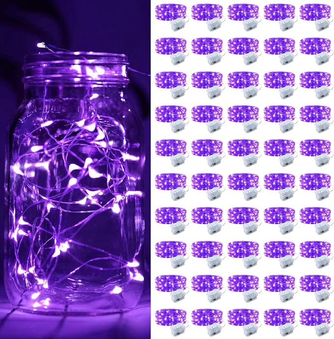 ZGWJ 50 Pack Purple Fairy Lights, Mini String Lights | Battery Operated 7 FT 20 LED Waterproof 3 Modes for DIY, Parties, Wedding, Halloween, Christmas Decoration