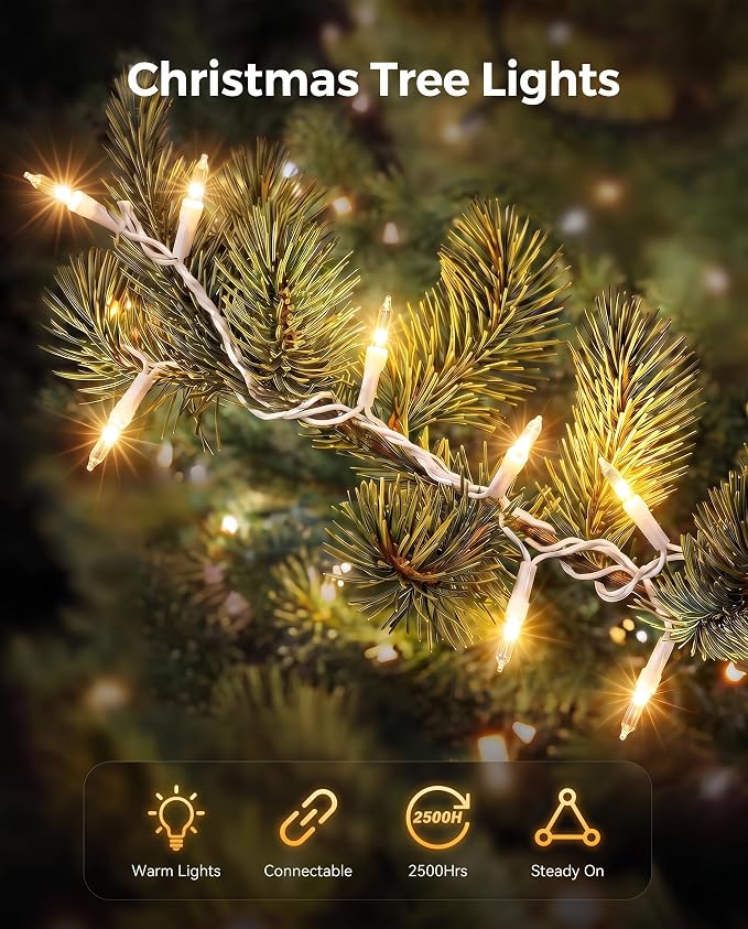 Brightown Christmas Lights Outdoor 100 Count 20Ft String Lights for Indoor | Clear Incandescent Bulb Mini Fairy Lights, Waterproof & Connectable for Xmas Decorations, Christmas Tree Garland, White Wire