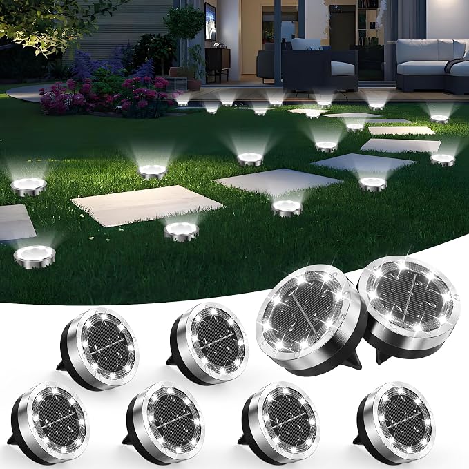 Solar Ground Lights Outdoor, 8 Pack Solar Lights Outdoor Waterproof | Mini Flat Solar-Powered Garden Light, Landscape Lighting for Garden Yard Lawn Pathway Walkway Driveway Yard Decor, Cold White