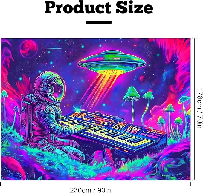 BVBOX Blacklight Space Astronaut Tapestry UV Reactive Galaxy Planet Glow in Dark Tapestries Black Light Poster Neon Wall Hanging Art for bedroom Living Room (Astronaut Play the Keyboard-3M)
