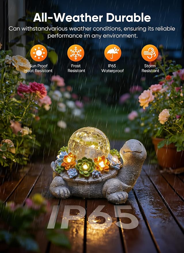 Brightown-Solar-Turtle-Garden-Decor-Statue with 5 Succulent LED Lights, Hand-Painted Resin, IP65 Waterproof Outdoor Decor for Patio, Balcony & Yard Decorations, Unique Mothers Day Gifts for Mom