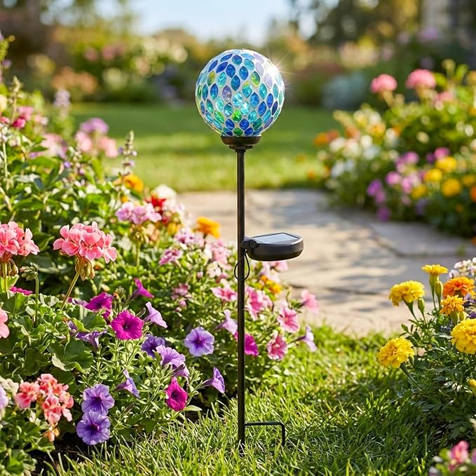 VCUTEKA Decorative Solar Garden Lights, 3.5" Mosaic Globe Outdoor Stake | Mosaic Glass Globe Design, Solar LED Light, Waterproof Design, Auto On/Off and Metal Stake Design for Lawn and Patio
