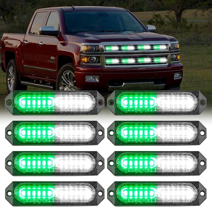 Nilight 8PCS Led Strobe Lights 12LED Green White Emergency Light 12V 24V Surface Mount Flashing Warning Hazard Beacon Lights Ultra Slim Sync Feature Mini Grille for Cars Trucks Off Road Vehicles SUV