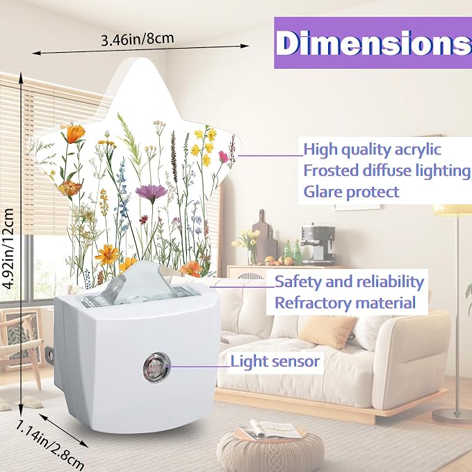 Night Lights Plug Into Wall Decorative,Spring Flower Nightlights for Kids Bedroom, Rustic Wildflower Energy Efficient Dusk-to-Dawn Sensor Sleep Friendly Lamp for Nursery Bathroom