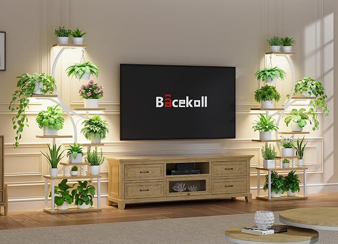 BACEKOLL Plant Stand Indoor with Grow Light, 8 Tier Corner Plant Shelf Tall | 62" Lighted Flower Holder for Plant Multiple, Space-Saving Beautiful Display Growing Rack for Home, Sturdy Metal, Natural