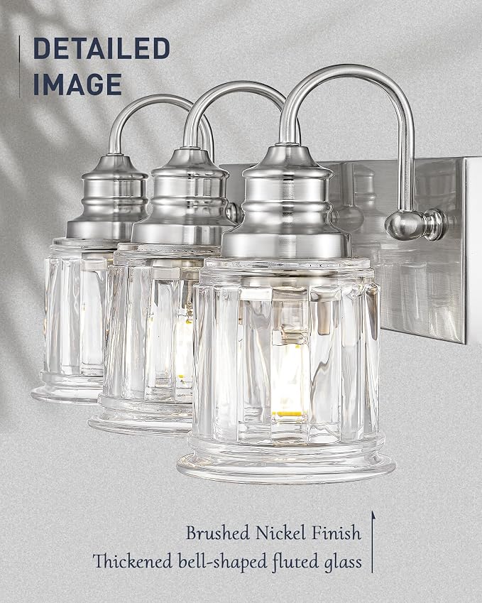 Bathroom Light Fixture, HWH 3-Light Vanity Light Brushed Nickel Modern Bathroom Lights Over Mirror, Bell-Shaped Fluted Glass, 5HZG106B-3W BN