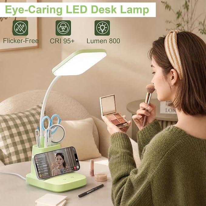 LED Desk Lamp with 10W Wireless Charging & Pen Holder, Light Green | CRI 95, 800LM, Stepless Dimming, 3 Modes, 360°Flexible Arm, Touch, Study Table Lamp for Home Office, Dorm Room, with Adapter