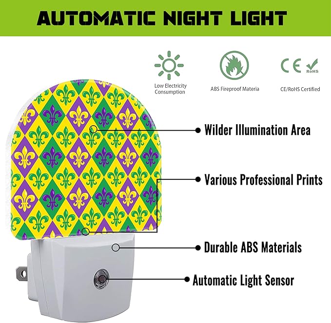 Happy Mardi Gras Carnival Night Light for Kids,Colorful Fleur De Lis Plug in Night Light with Dusk to Dawn Sensor, 0.5w Energy Saving Nightlight for Hallway Stairway Kitchen Bedroom
