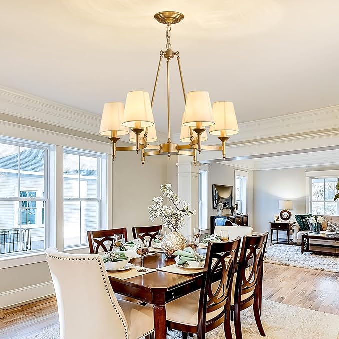 Gold Wagon Wheel Chandelier with White Linen Shade 6-Light Industrial Ceiling Light Fixture 26.8inch Large Farmhouse Hanging Pendant Light for Dining Living Room Kitchen Bedroom Entryway Foyer