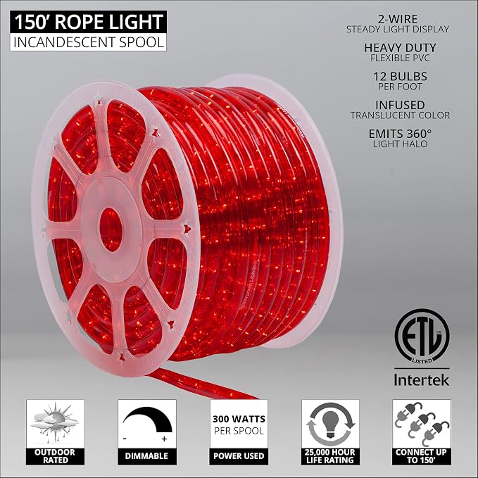 Wintergreen Lighting 150' 1800-Bulb Heavy Duty Incandescent Red Rope Light Kit – Christmas Light Rope Outdoor, Christmas Light Rope Light Color – Includes Accessories, 120V, ½ Inch, 2-Wire